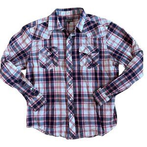 Denver Hayes Plaid Shirt Lg Mens Classic Fit Red Navy Pearl Snap Western Cotton